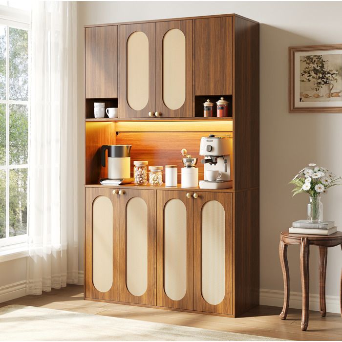 MEULVA Buffet haut en MDF 8 portes style bois naturel avec LED réglable et espace bar central