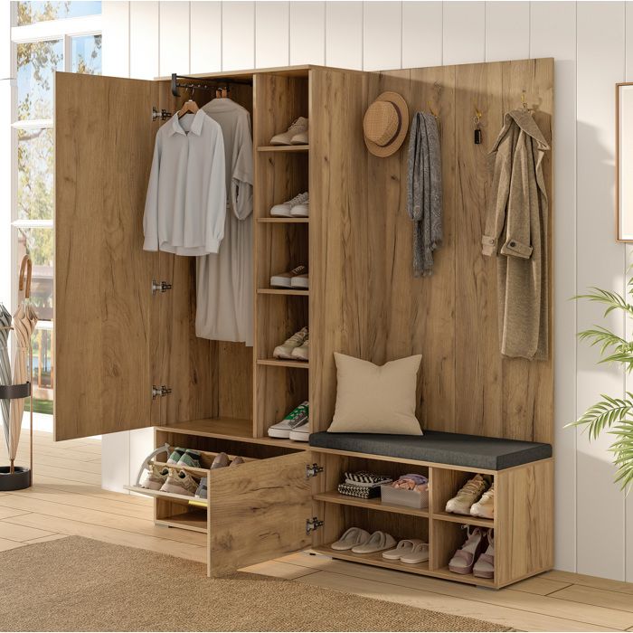 Vestiaire d’entrée Maisentiel noir et naturel avec miroir meuble à chaussures et banc 160 x 38 x 180 cm