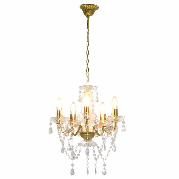 Lustre avec perles de cristal Rond 5 - E14 - Intérieur - Enfant - Métal - Doré - 38x42 cm