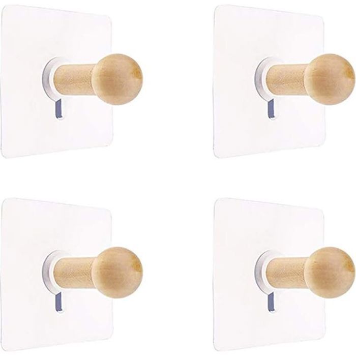 4 Patères Auto-Adhésives en Bois Naturel – Sans Perçage Idéales pour Serviettes Robes & Chapeaux