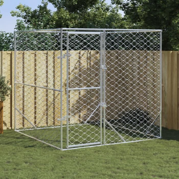 Meilleurs prix pour Chenil d'extérieur pour chiens argenté 2x2x2 m acier galvanisé-AKO-7048519239415
