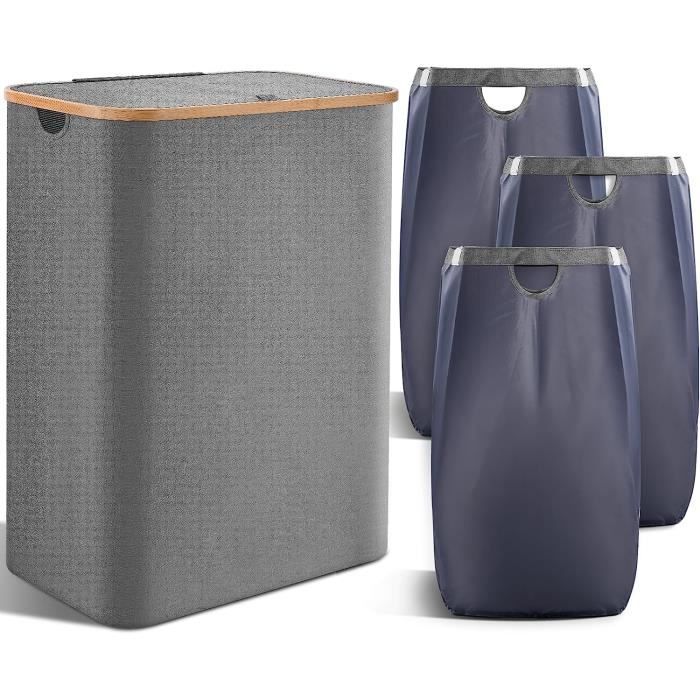 Panier à Linge avec Couvercle, 160L Grand Corbeille a Linge Pliable, Panier a Linge 3 Compartiment- Bac a Linge Laundry Basket Pliab
