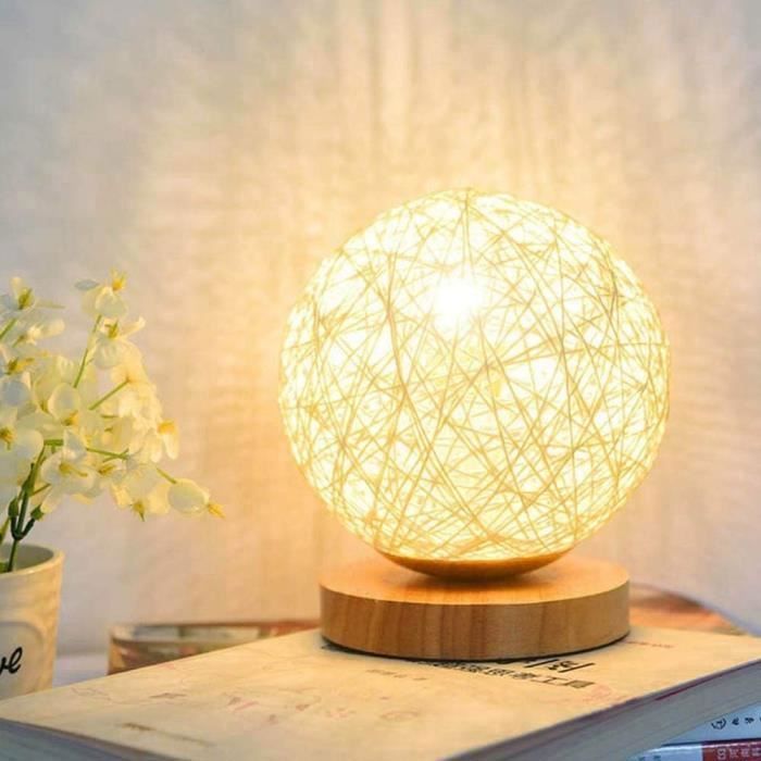 MTEVOTX LED Lampe de Table en Rotin Lampe de Chevet Décorative en Bois Rotin Lumière de Nuit Lune avec USB pour Chambre Salon Table