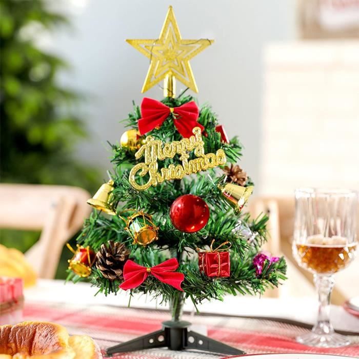 Sapin De Noël Artificiel Mini 60 Cm Avec Guirlande LED Et Décorations - Pour Table, Bureau, Décoration Maison - PVC, Réutilisable - 9