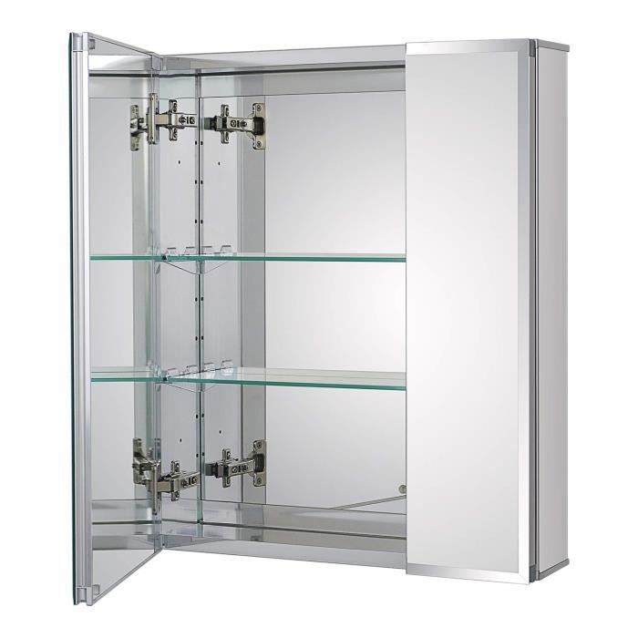 fundin armoire de salle de bain en aluminium avec miroir double face, 50 x 61 cm, étagères réglables en verre trempé