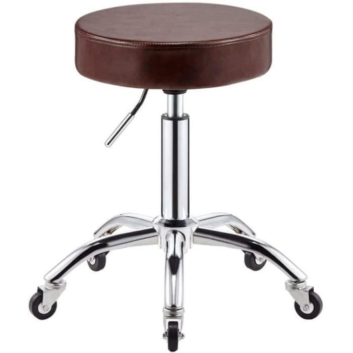 Tabouret Bureau Réglable Hauteur 35-53 Cm - Pivotant 360°, Roulettes - Siège Rembourré Similicuir - Beige - 12