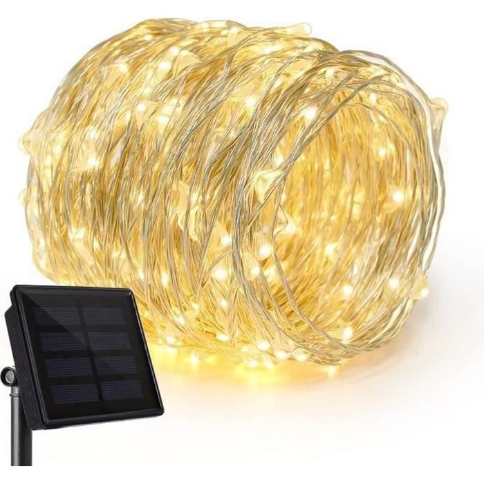 guirlande lumineuse solaire 22m rophie - 200 led fil de cuivre étanche extérieur et intérieur jaune