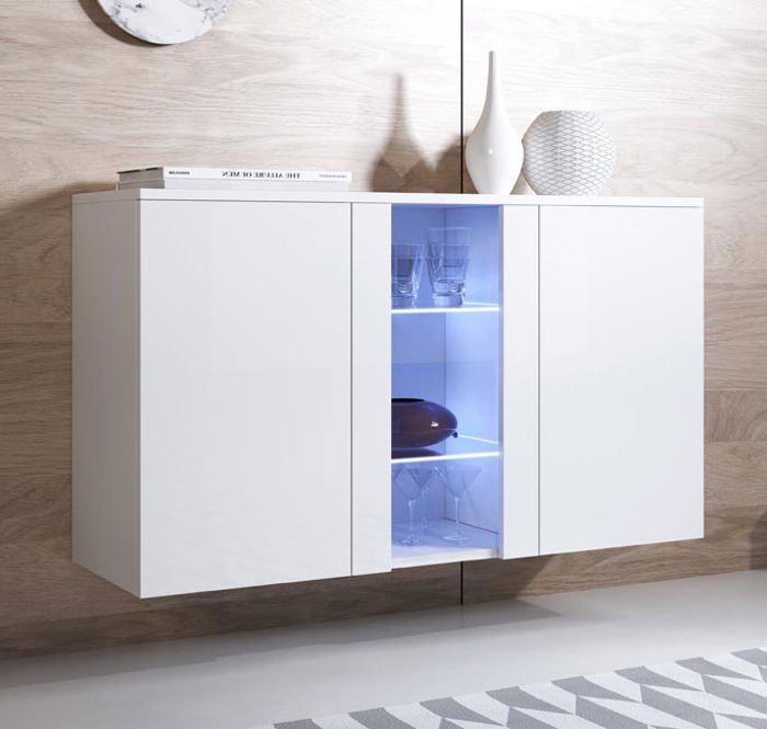 Buffet Bahut 3 portes 2 étagères vitrine LED 120 x 70 x 40 cm Couleur Blanc Finition Brillante Rangement LUKE A1