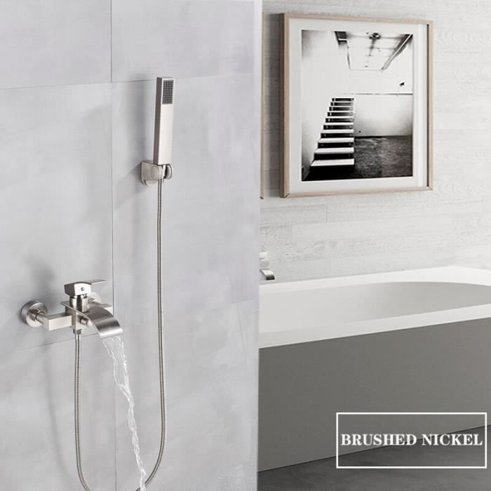 Robinet Baignoire Mural Cascade Avec Douchette - Nickel Brossé - 1 Trou