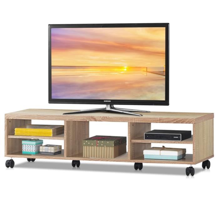 meuble tv - costway - moderne avec roues verrouillables - 150 x 32 x 40 cm - naturel