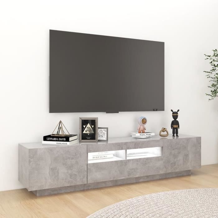 Meuble TV avec lumières LED - DILWE - Gris béton - 180x35x40 cm - Contemporain - Design