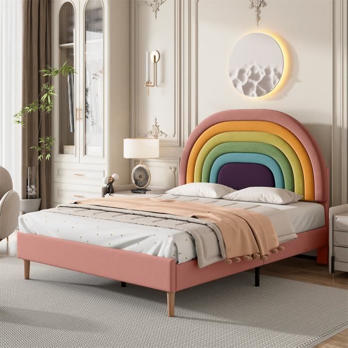 DRIPEX Lit Capitonné 140×200cm avec tête de lit motif arc-en-ciel Lit en velour pour enfant adultes Rose