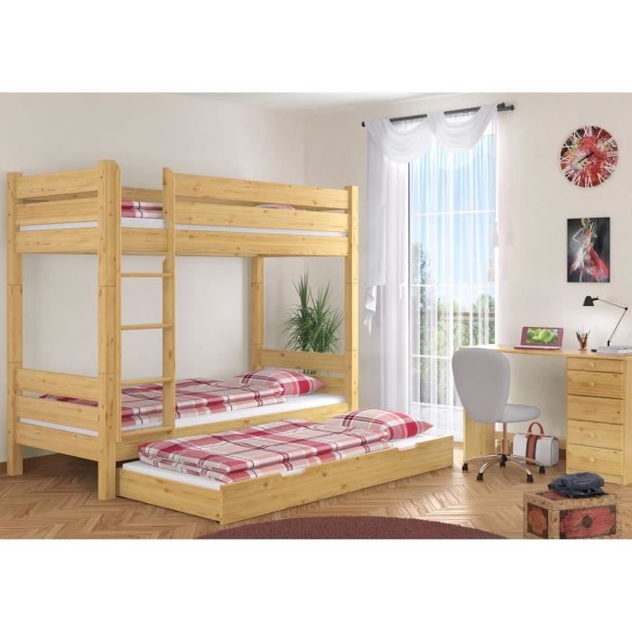 Lit Superposé Adulte Pin Blanc 90x200 - Stable Et Séparable - Avec Matelas Et Sommiers - Échelle Réversible
