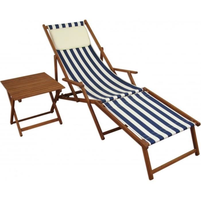 chaise longue pliante - erst-holz - 10-317ftkh - rayé bleu et blanc - accoudoirs - repose-pieds - table