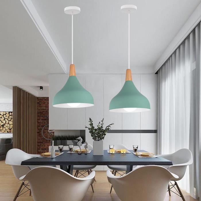 MOGOD LOT DE 2 Lustre Moderne Macaron Vert Ø20cm E27 Luminaire en Metal et Bois - Lampe Suspendue de Salle à Manger Chambre