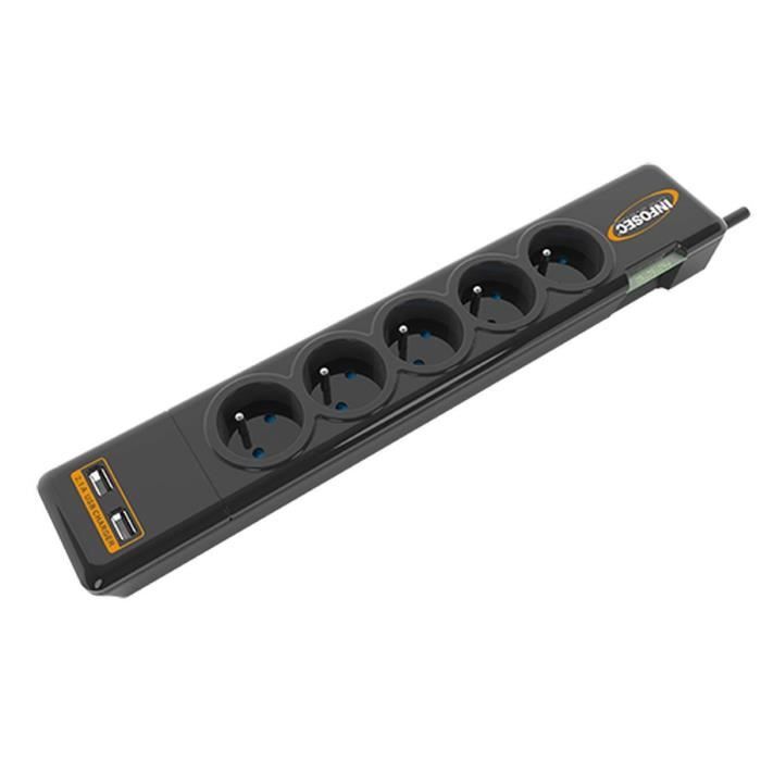 INFOSEC - S5 USB NEO - Parasurtenseur 5 Prises FR + 2 ports USB - Garantie 2 ans