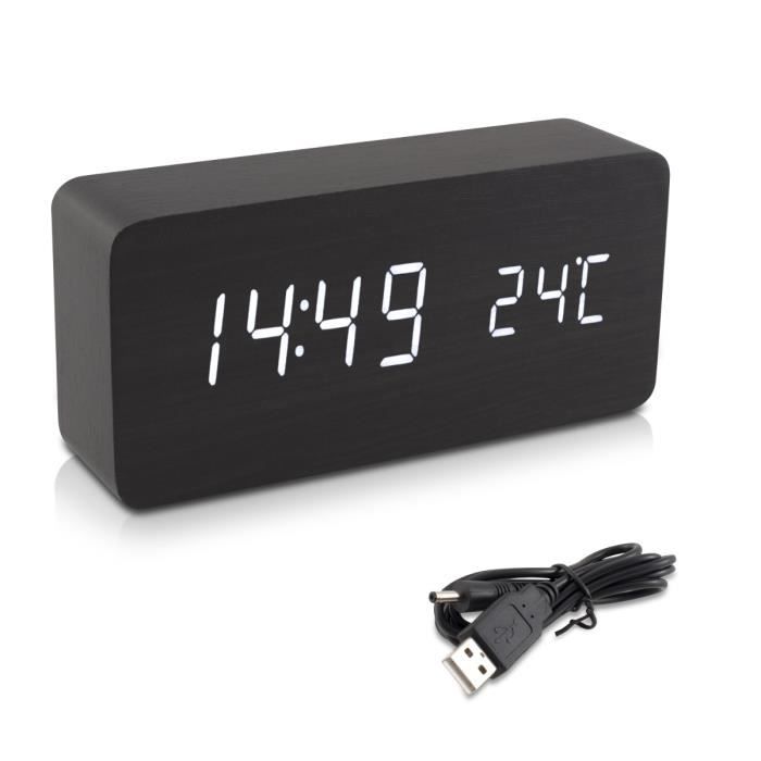 Réveil LED Digital Navaris Aspect Bois - Date/heure/température/hygrométrie