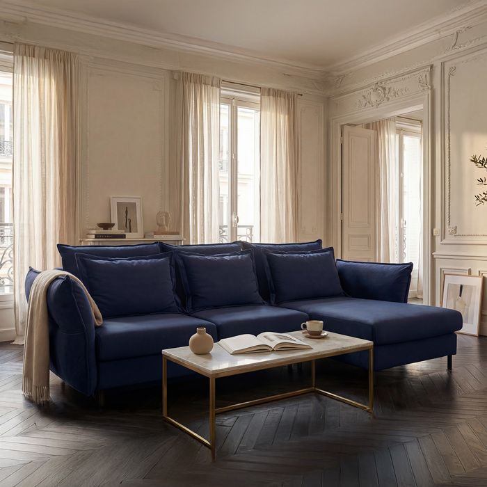 Canapé angle droit Verduro en velours bleu - 3 places Canapé angle droit Verduro en velours bleu - 3 places
