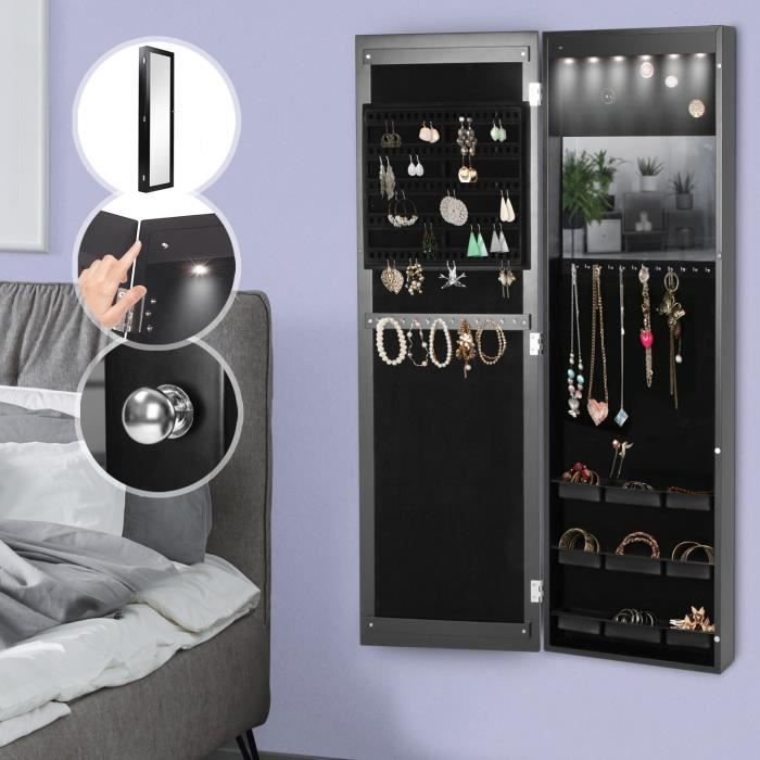 Armoire à Bijoux avec Miroir Murale ou Accrochée à la Porte, 36 x 120 x 9.5 cm, Noir avec LED