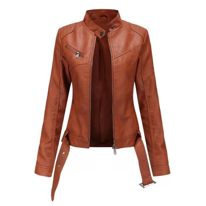 Veste pu cuir Femme de Marque Luxe uni en type mince Veste Femmes en slim moto Vetements XHA84 Blanc Marron
