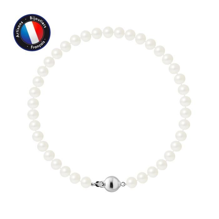 PERLINEA - Bracelet - Véritable Perle de Culture d'Eau Douce Semi-Ronde 5-6 mm Blanc Naturel - Fermoir Boule - Bijoux Femme