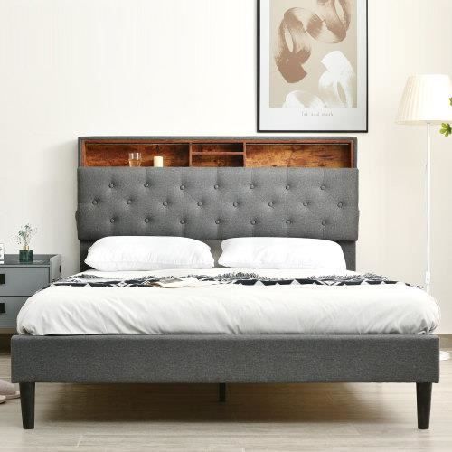 lit capitonné double avec tête de lit coffre et éclairage led, sommier à lattes en bois, 140 x 200 cm, gris (sans matelas).