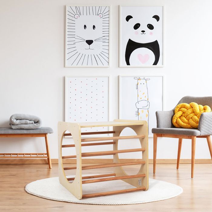 DREAMADE Arche à Bascule 4 En 1 En Bois Naturel – Escalade, Tunnel, Cheval Bascule, Pour Enfant 1-5 Ans, 50 Kg