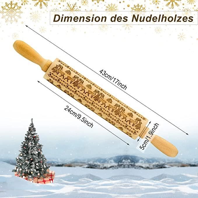 Rouleau à Pâtisserie Gravé Noël - Motifs 3D En Relief Sur Bois Naturel | Pour Biscuits, Pâte à Modeler | Longueur 35 Cm, Poignée Ergonomique