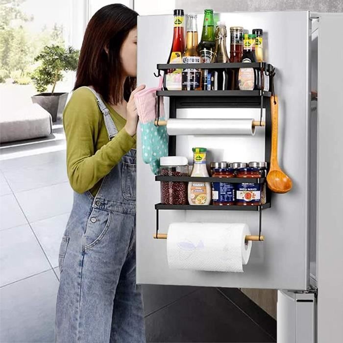 Etagere Magnetique, Etagère Réfrigérateur Supports pour Papier Essuie-Tout  Distributeur, 5 Étagères Étagère à Épices, Organisateur de Réfrigérateur  avec 5 Crochets (Noir) : : Cuisine et Maison