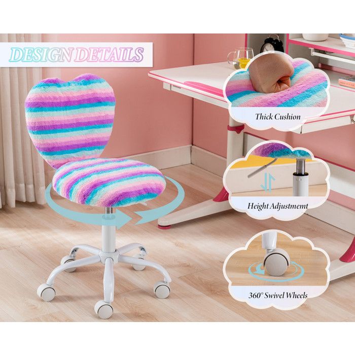 Wahson Chaise De Bureau Enfant Pivotante Réglable En Hauteur - Design Cœur Coloré Pour Fille - Siège Étude Confortable