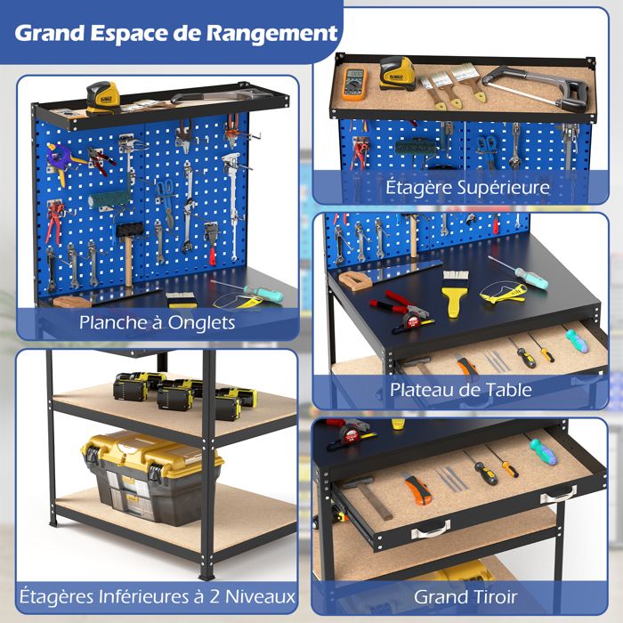 Étagère De Bureau Avec Plateau Et Panneau Perforé - 94 X 25 X 73,5 Cm - Organisateur Avec 4 Tablettes Et 6 Crochets - Idéal Pour Chambre, Bureau, Cuisine - 13