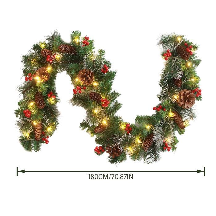 Guirlande Noel,Couronne De Noël De 1,8 Mètre De Long,Deco Noel Avec Une Lumière De 2 M Lumière De 20 Petites Ampoules,Baies Rouges Et De Feuilles Vertes,pour Les Décoration Noel Intérieur (Style 2