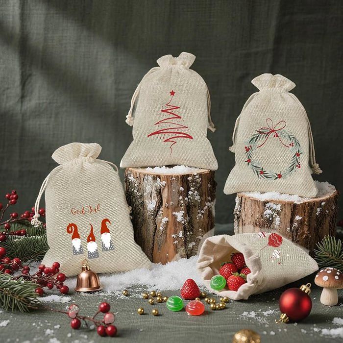 8 Pochons Cadeau En Tissu Réutilisables 10x15 Cm - Pour Petits Cadeaux De Noël, Avec Cordon