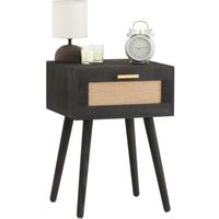 Table de chevet KIRAN 1 tiroir, table de nuit design vintage en bois lasuré noir et lin