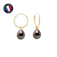 PERLINEA - Boucles d'Oreilles Bohemian - Véritables Perles de Culture de Tahiti - 9-10 mm - Or Jaune - Bijoux Femme