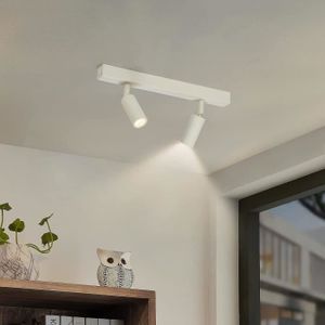 TRIO Beleuchtung Élégant plafonnier LED blanc mat avec socle en bois 2 spots rotatifs et orientables 