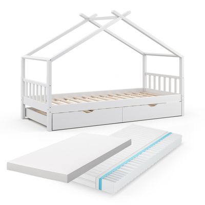 Lit cabane enfant 90x200 cm avec 2 tiroirs, grille de protection, blanc