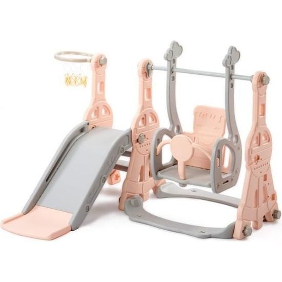 GOPLUS – Toboggan 4-en-1 Intérieur/extérieur Thème Fusée – Glissière, Balançoire, Grimpeur Et Panier Basket – Pour Enfants 1,5 Ans Et Plus – Charge Max 30 Kg