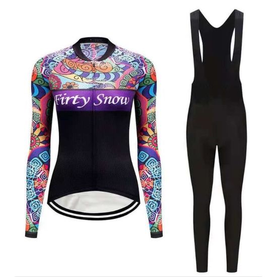 Maillot Cyclisme Femme Hiver Tenue De Cycliste Manche Longue,Vêtements Velo VTT En Polaire Thermique Jerseys Et Pantalon à Bretelle Avec 19D Coussin Gel ,Ensemble De Combinaisons Cycling Route(7,L