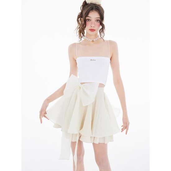 Jupe Pliss e En Maille Avec N ud Pour Femme Blanc Camis De Rue jupe-pliss-e-en-maille-avec-n-ud-pour-femme-blanc-camis-de-rue