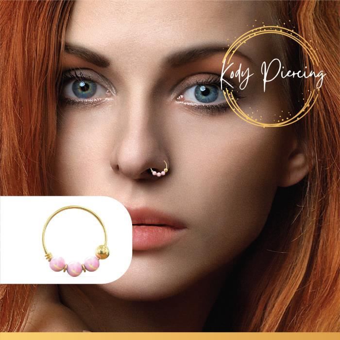 KODY PIERCING Anneau En Or Jaune 14 carats avec 3 Pierres Précieuses en Opale Rose