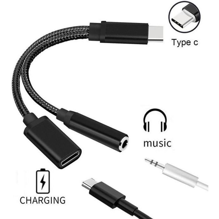 Adaptateur Type C-Jack pour Smartphone 2 en 1 Audio USB-C Ecouteurs Chargeur Casque (NOIR)