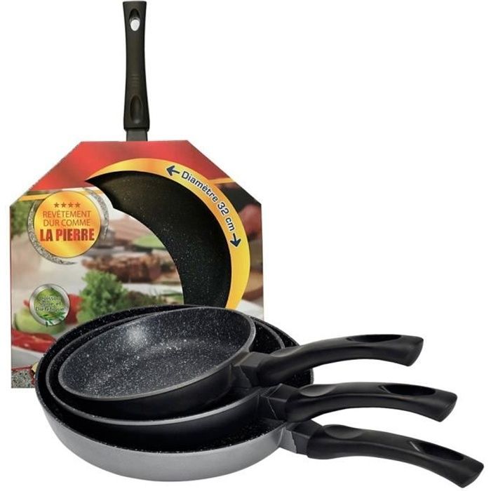 Kitchen Pro - Lot de 4 Poêles en pierre tous feux dont induction diamètre 20/24/28/32 cm + 4 disques anti-rayures