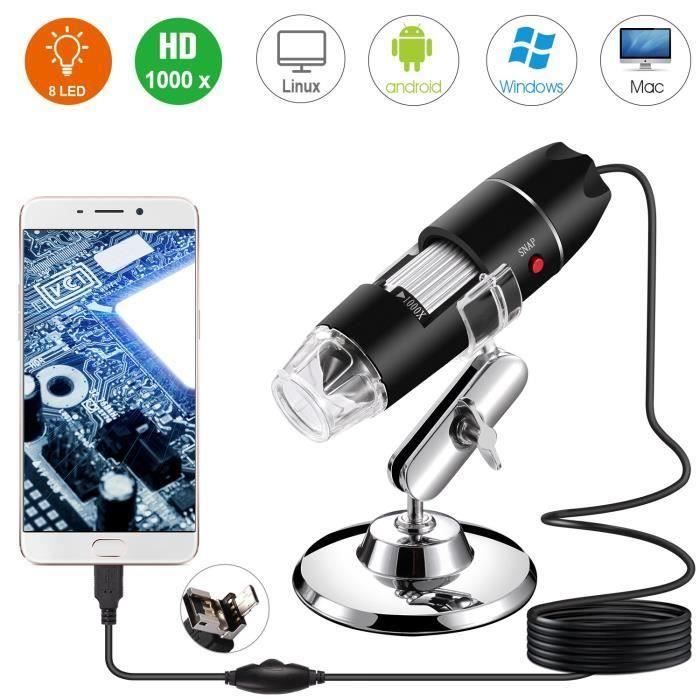 Microscope numérique USB, Endoscope de grossissement 40X-1000X Portable, Microscope Digital 8 LED pour Windows 7-8-10 Mac Linux sous