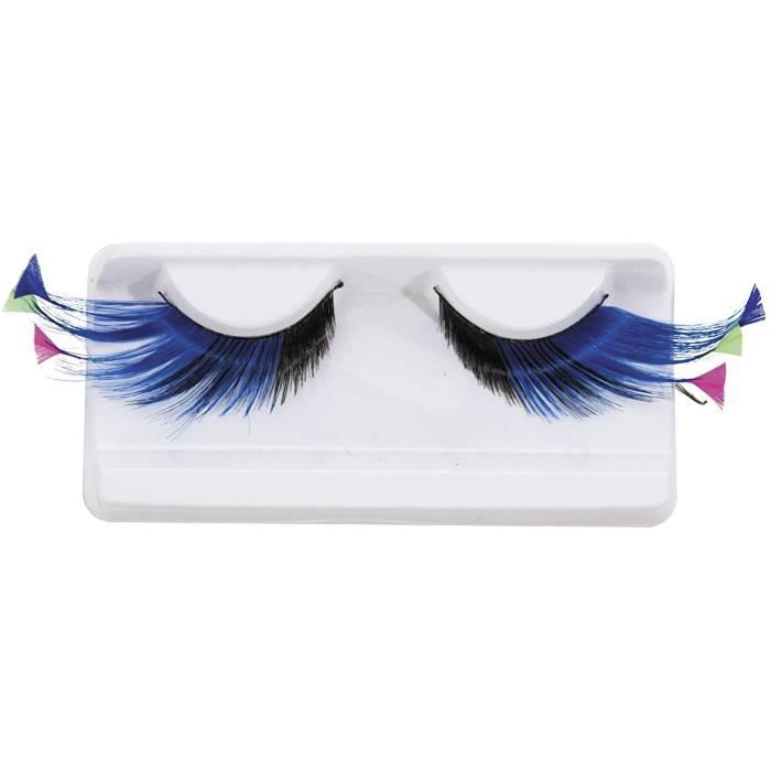 Accessoires de maquillage et outils Generique - Faux Cils Longs Bleus avec Plumes Fluo Adulte 23066