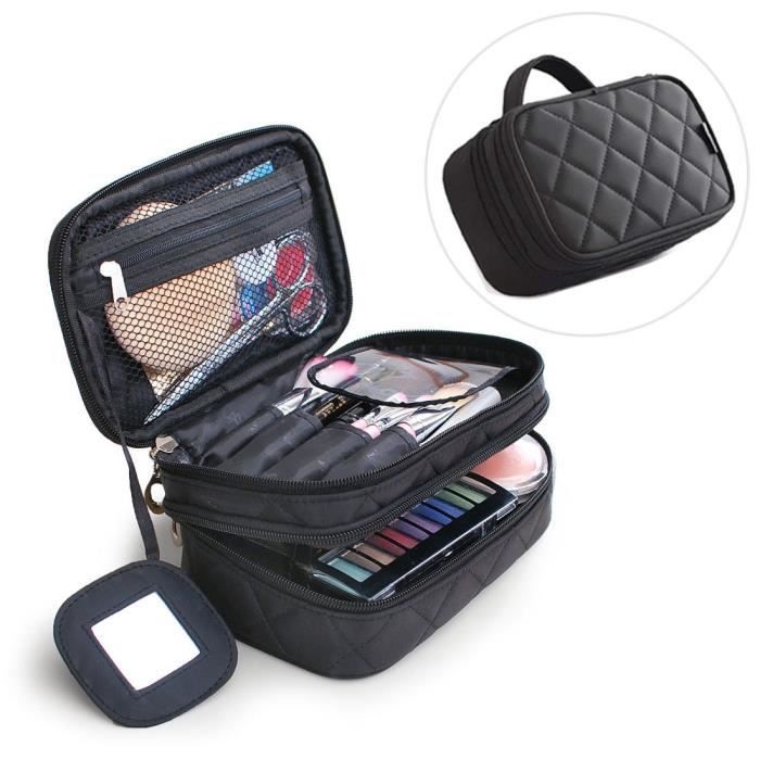 Trousse Maquillage Femmes, Sac Cosmétique de Voyage, Hengbo 2 Couches Brosse de Toilette Trousse De Toilette Avec Miroir - Noir