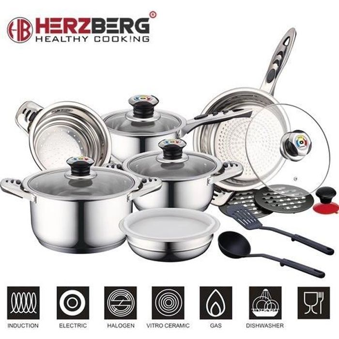 Batterie de Cuisine 16 pièces induction - Sets de casseroles - Couvercle en Verre avec indicateur de chaleur
