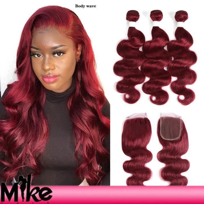 3 Tissage En Lot Brésilien Non Remy Body Wave Rouge Bordeaux 99J Avec 4x4 Closure(10 10 10+8-closure)