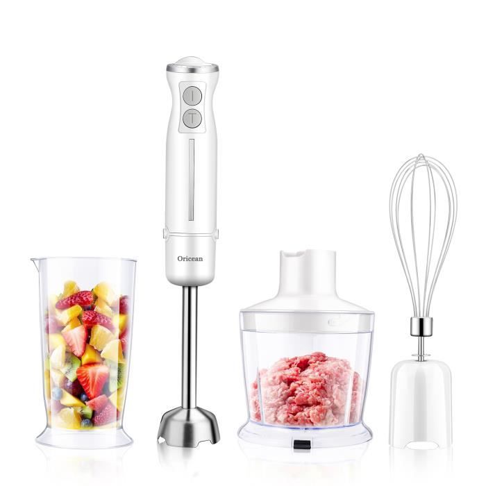 Oricean Mixeur Plongeant 4 en 1 Mixeur Multifonctionnel 600W 6 Vitesses Mélangeur à Main avec Hachoir de 500ml sans BPA, blanc
