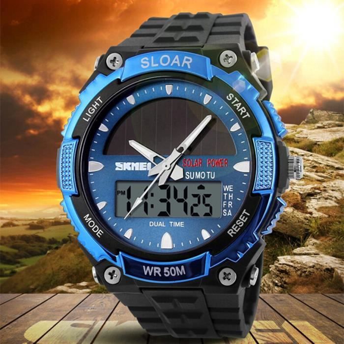 SHARPHY Solaire Montre Hommes de marque de Luxe Sport Double Affichage Bleu